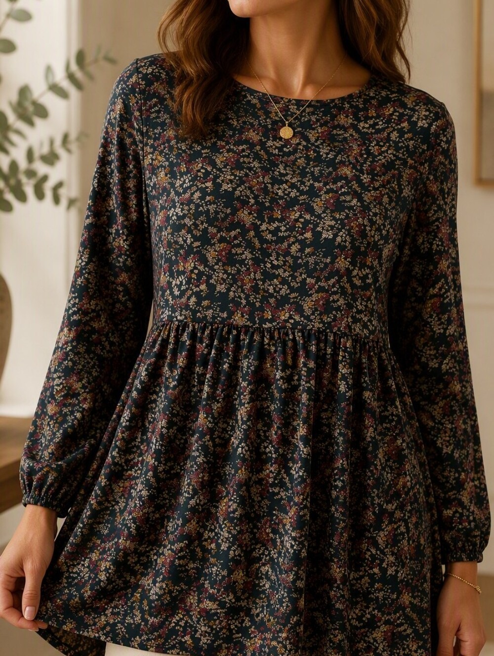Be Aboutton Dark Floral Long Sleeve Tunic Dress with Lace-Like Lining
